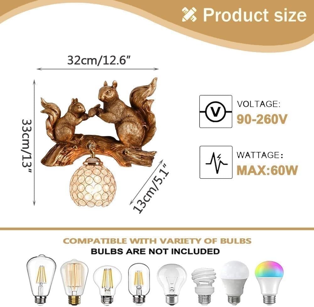 Creative Squirrel Wall Light Fixtures Nordic Resin Wall Lamps Lights with Crystal Shade Cute Animal Wall Mounted Lamp for Boy Girl Children's Room Study Bedside Lighting