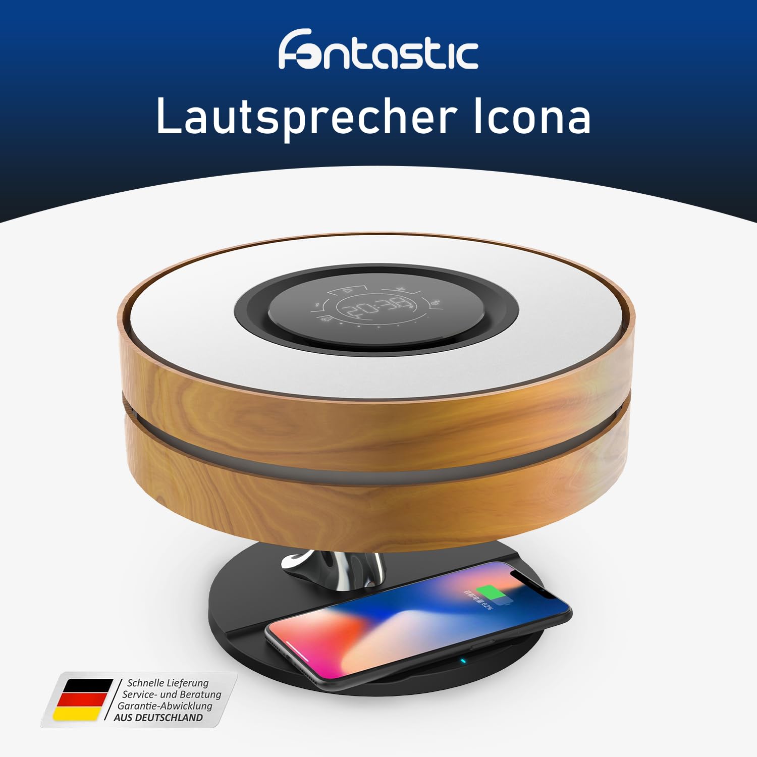 Fontastic „Icona“ LED Nachttischlampe Touch dimmbar, multifunktionelle Tischlampe mit kabelloser Ladefunktion, Bluetooth Lautsprecher und Timer, Designer-Tischleuchte inkl. TWS-Speaker