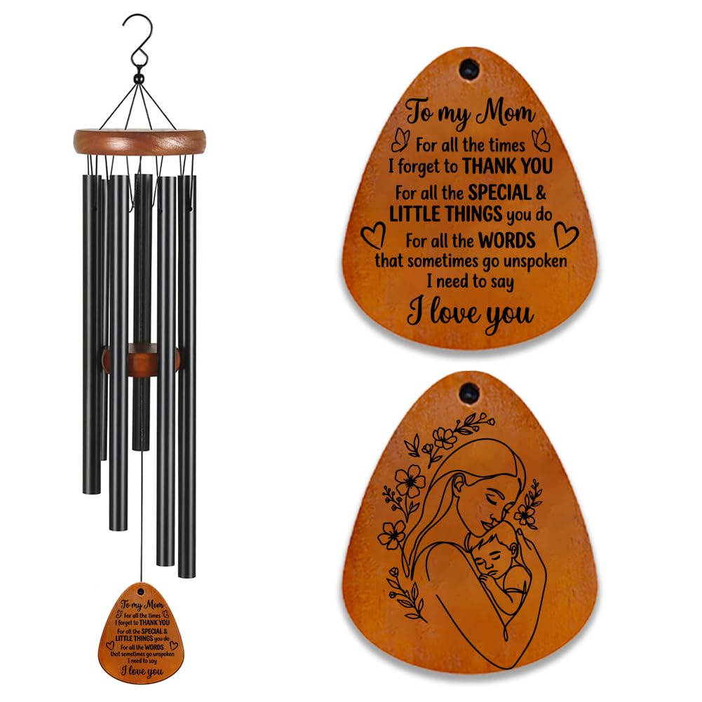 ORIGACH Garden Gifts Wind Chimes for Mom, Wooden Wind Chimes Outdoor with Grateful Words and Mother Embrace Design, Gift Suitable for Mother's Day, Home Decor Outdoor