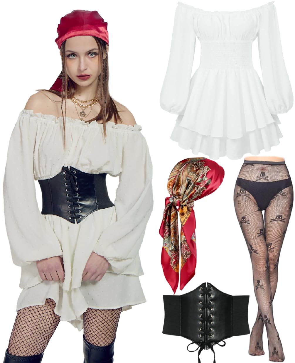kasahara Disfraz de pirata para mujer, juego medieval, sexy pirata fuera de los hombros, mono con corsé, calcetín, pañuelo para la cabeza, disfraz completo de carnaval