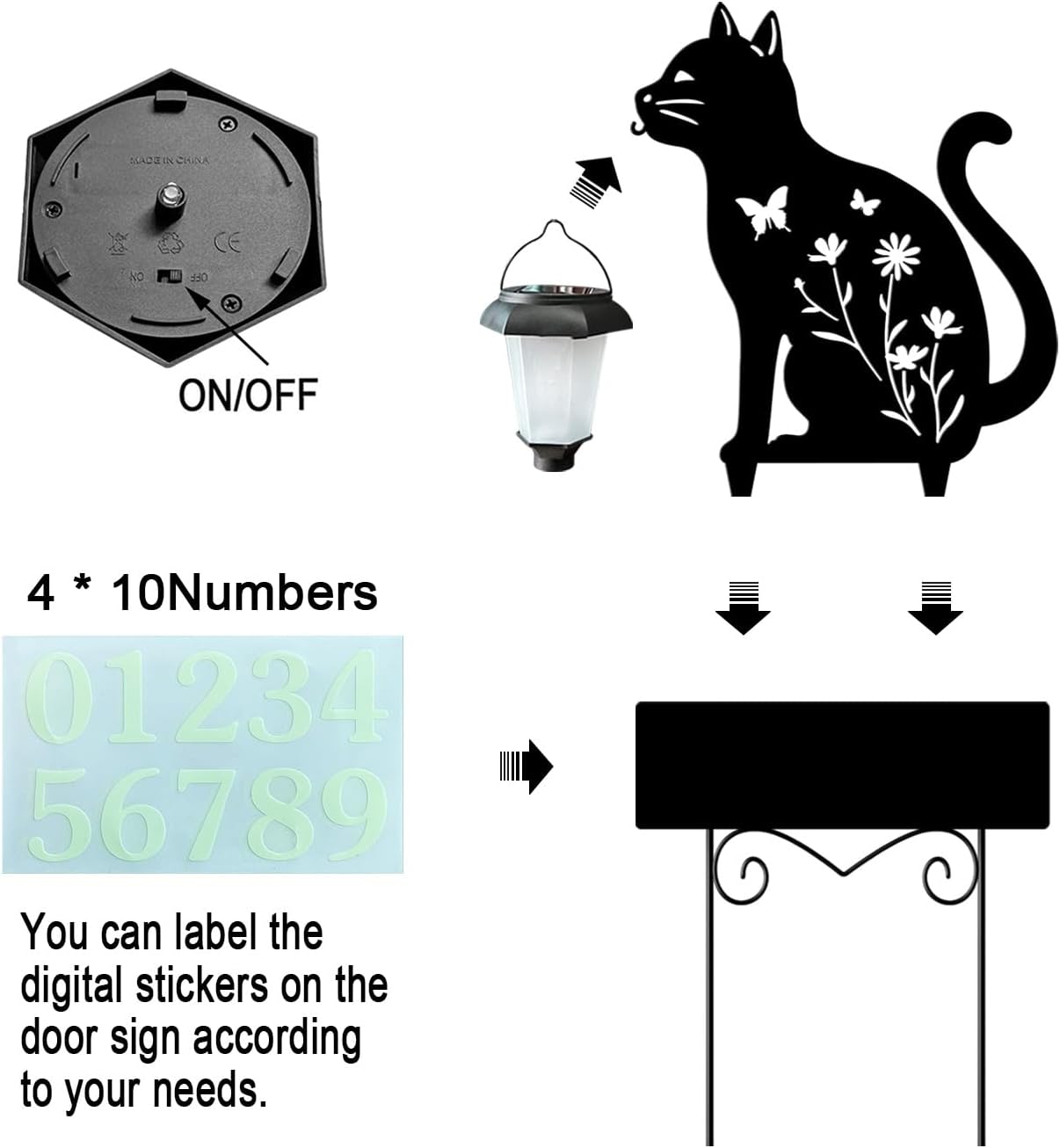 Solar Cat Garden Stakes Cat Holding Solar Lantern Decor Stakes Animal Yard Decorative Stakes Yard Sign -Number
