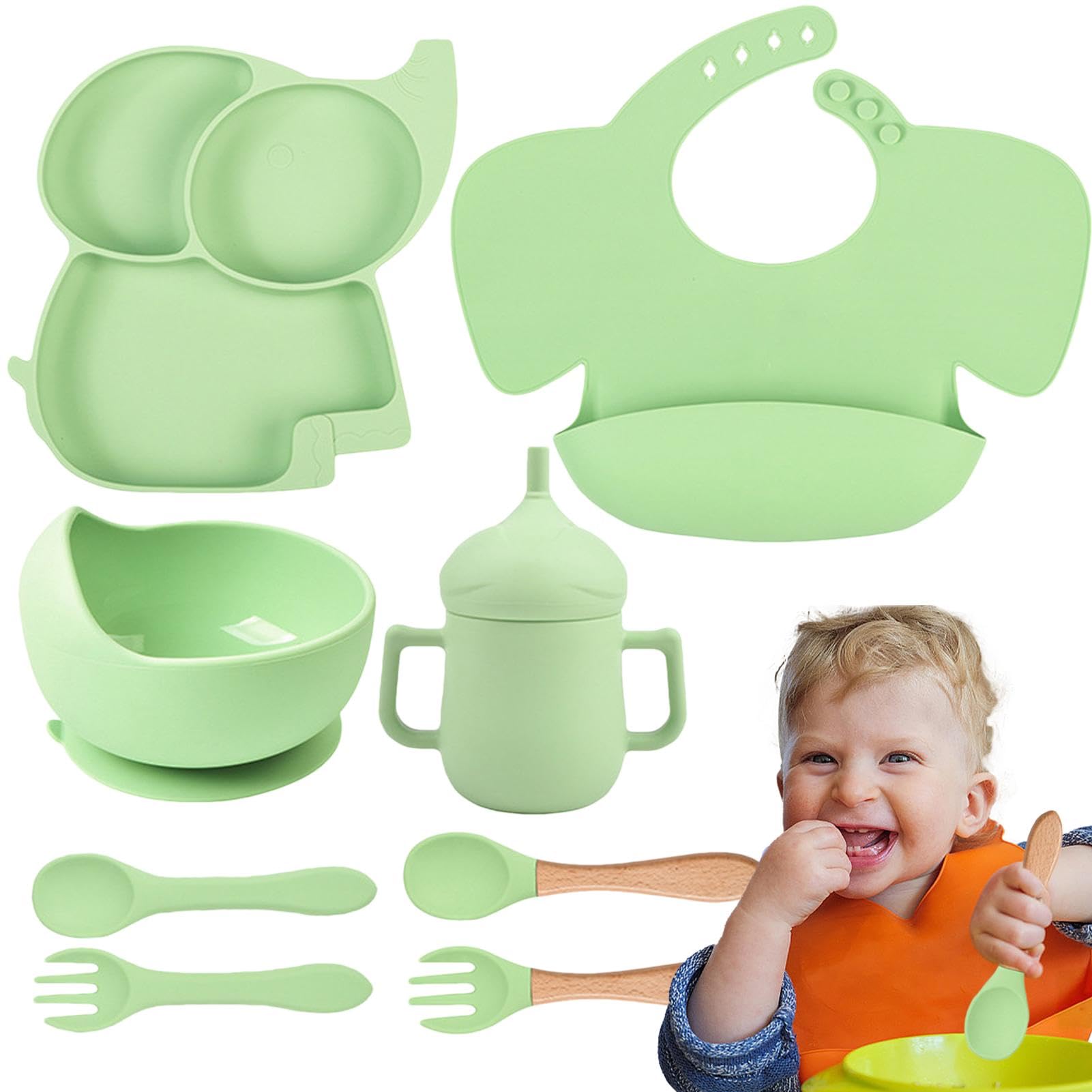 吸引付きシリコン製授乳セット、幼児用シリコン製授乳セット,赤ちゃんのお食事セット - 6か月以上の子供向けのベビーLED離乳用品、ベビースプーンとフォーク、調節可能なよだれかけ