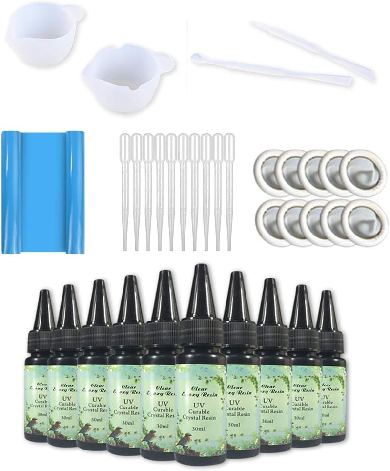 10x30ml UV Resin Tool Kit Super Clear Hard UV Resin No Yellowing No Shrinkage Fast Curing with Resin Mixing Cups Sticks Mat Finger Cots Pipettes for Resin Crafts DIY Jewelry Making Casting & Coating