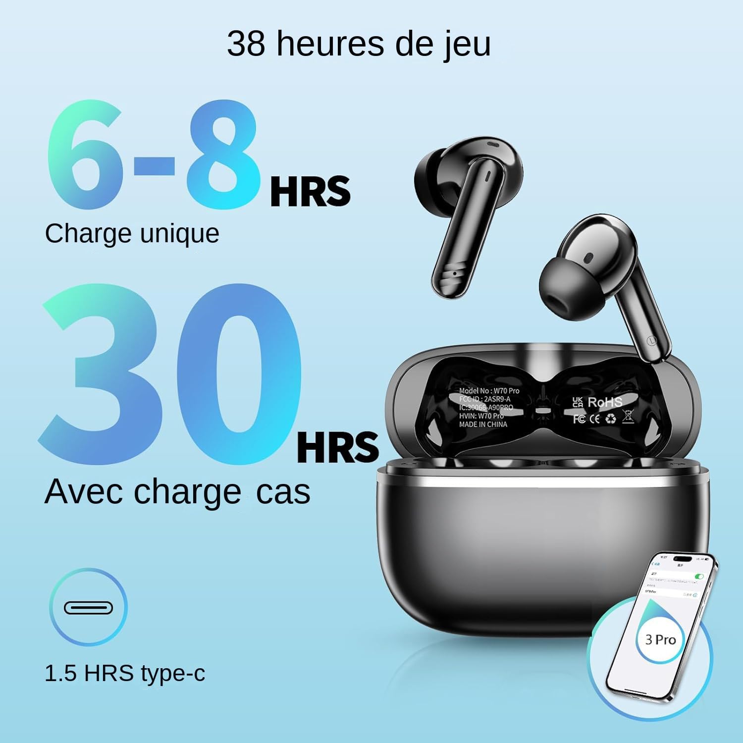 Écouteurs Bluetooth 5.3 Sans Fil - 30h D'autonomie - Réduction De Bruit - Boîtier Chargeur - Micro Intégré - Blanc