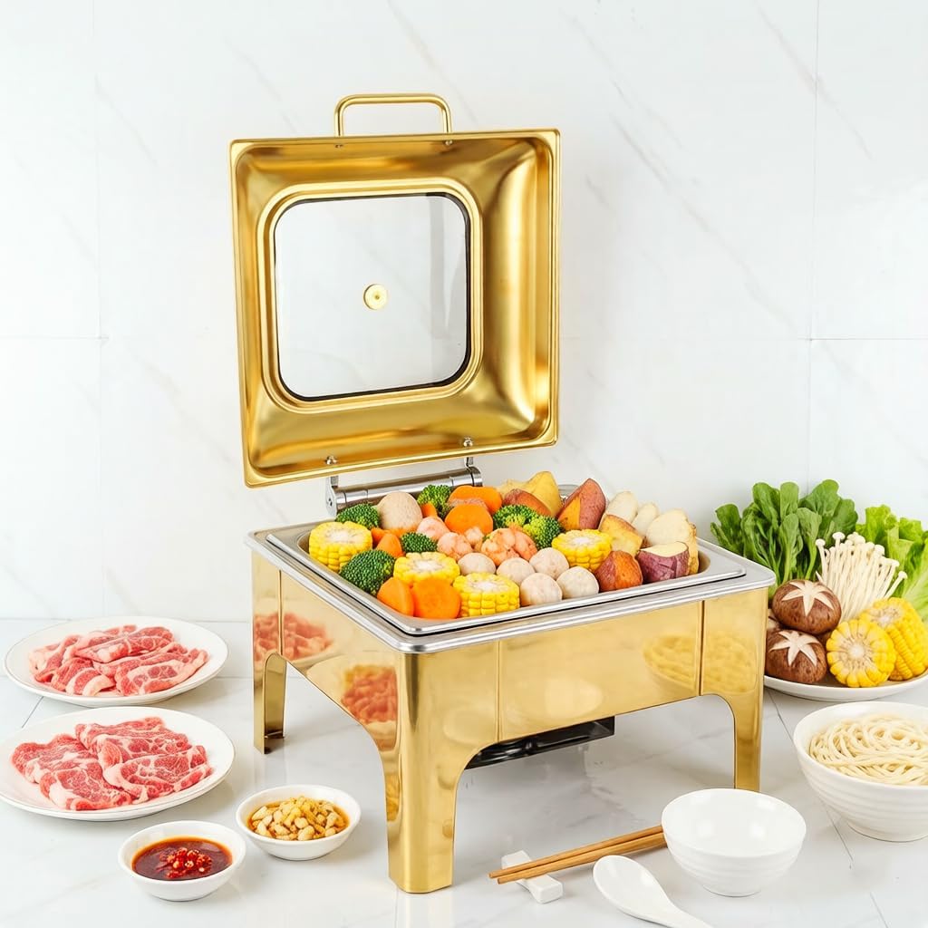 Chafing Dishes for Buffet Set, 6.5QT Square Stainless Steel Chafing Dish with Transparent Hydraulic Lid, Food Pan, Water Basin, Buffet Warmer for Home Parties and Wedding Events (Luxury Gold)