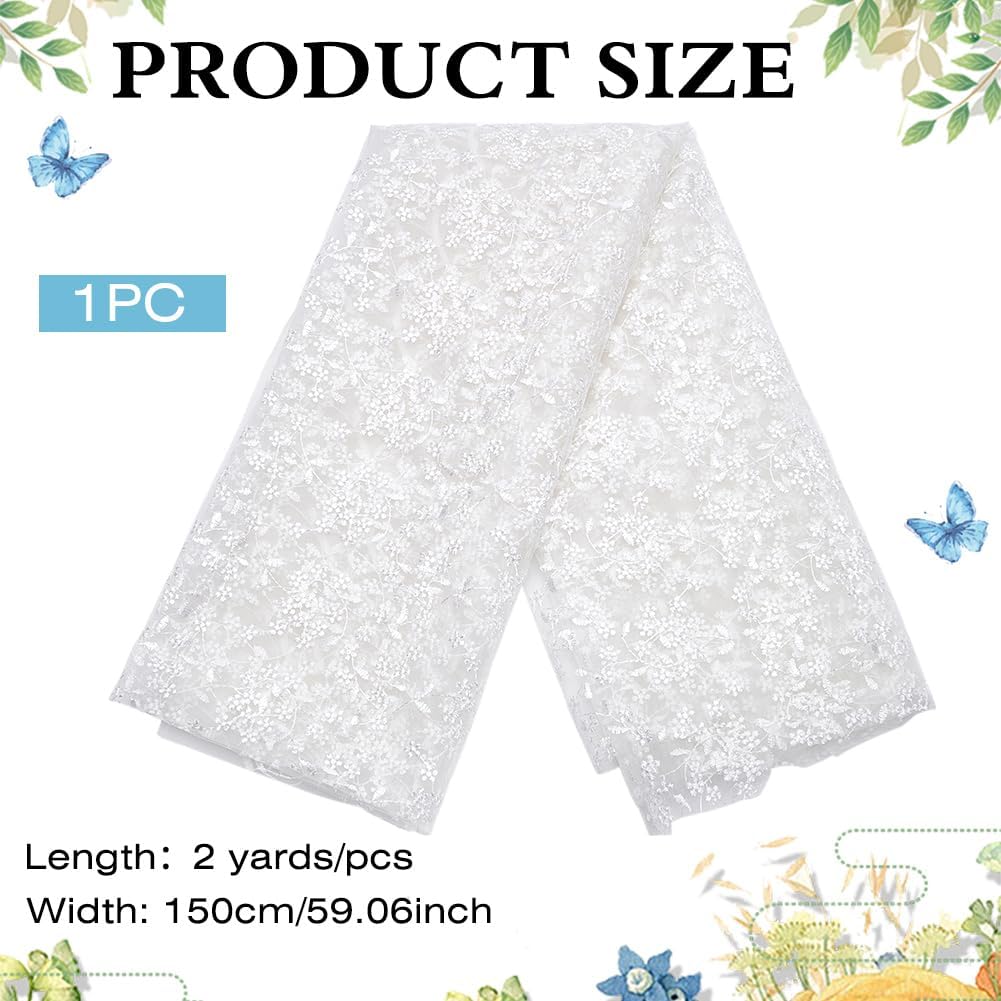 MAYJOYDIY 2 Yards White Flower Branch Embroidered Lace Fabric 59inch Floral Leaf Mesh Lace Trim Wedding Accessories Tulle for DIY Wedding Dresses Half Skirt Dress Curtains Background