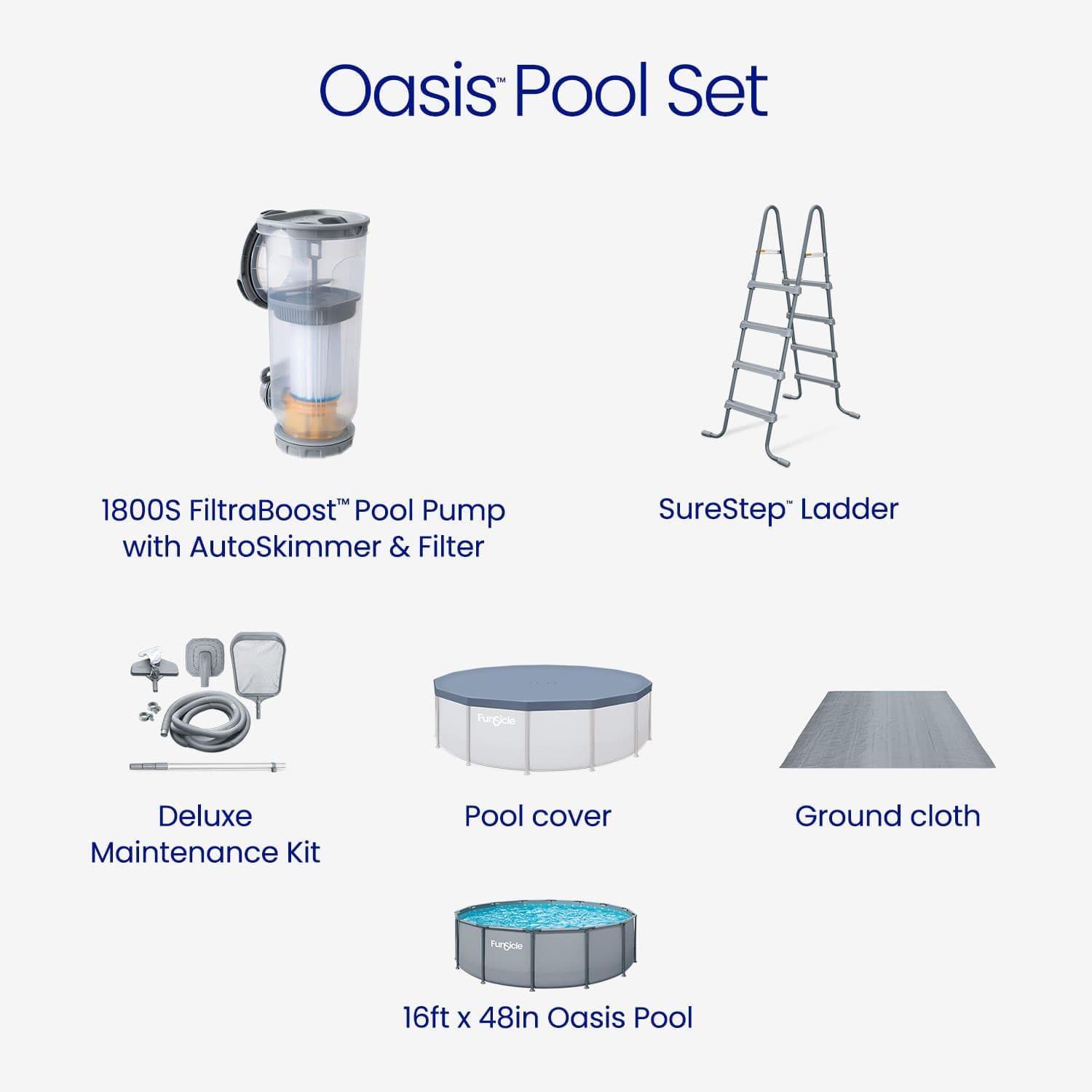 Funsicle Oasis Above Ground Metal Frame Swimming Pool Set – with FB1800S AutoSkimmer Pump, Ladder, Cover, Cloth & Deluxe Maint. Kit, 16' x 48", Round, Gray