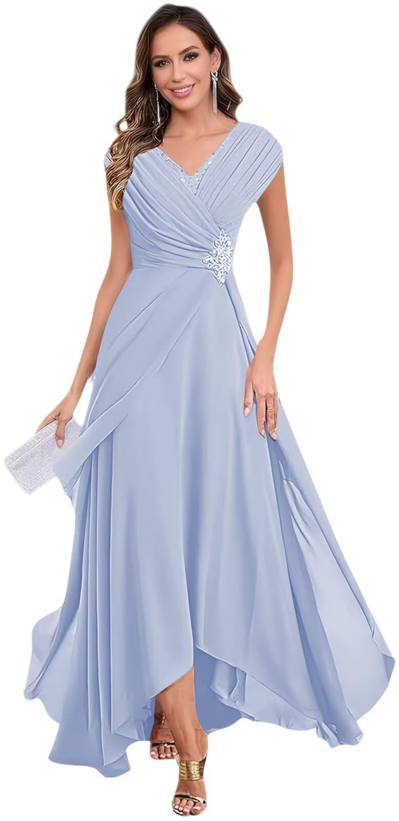 Cap Sleeve Mother of The Bride Dresses for Women Chiffon Lace Applique V Neck A Line Ruffle Formal Evening Party Gown