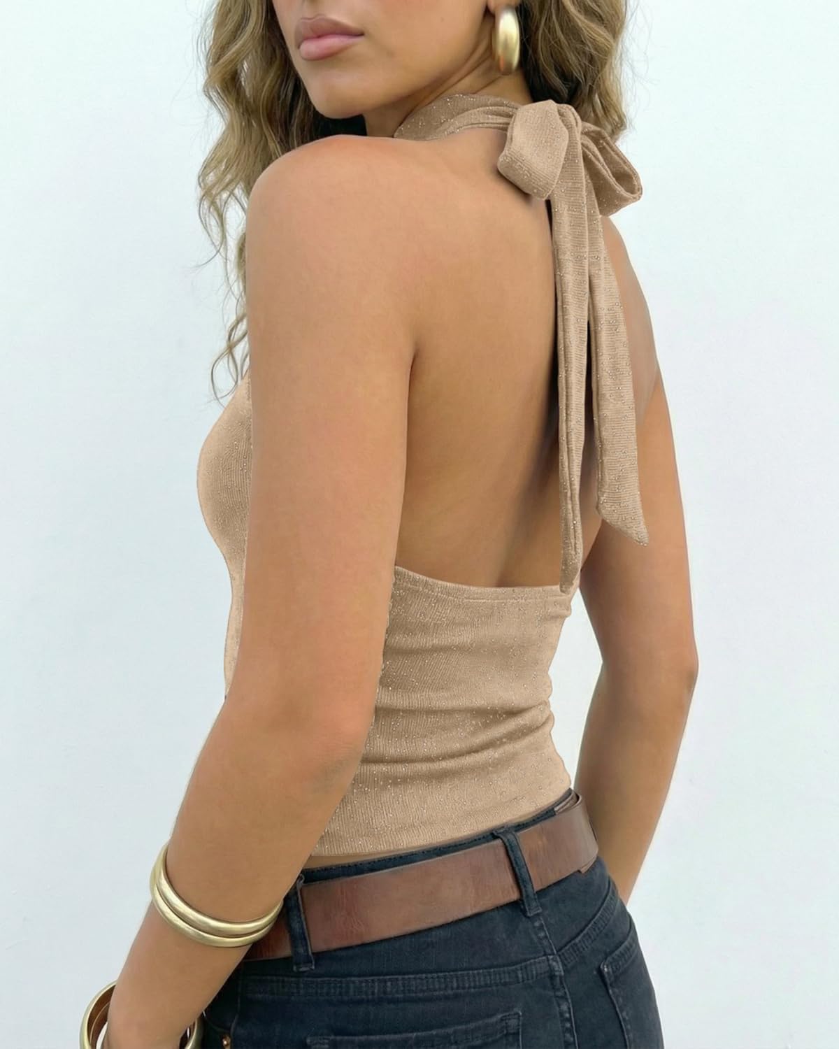 BAIGRAM Women Sleeveless Glitter Metallic Tie Up Halter Crop Tank Y2K Shimmer Open Back Slim Fit Vest Summer Going Out Tops - Image 2