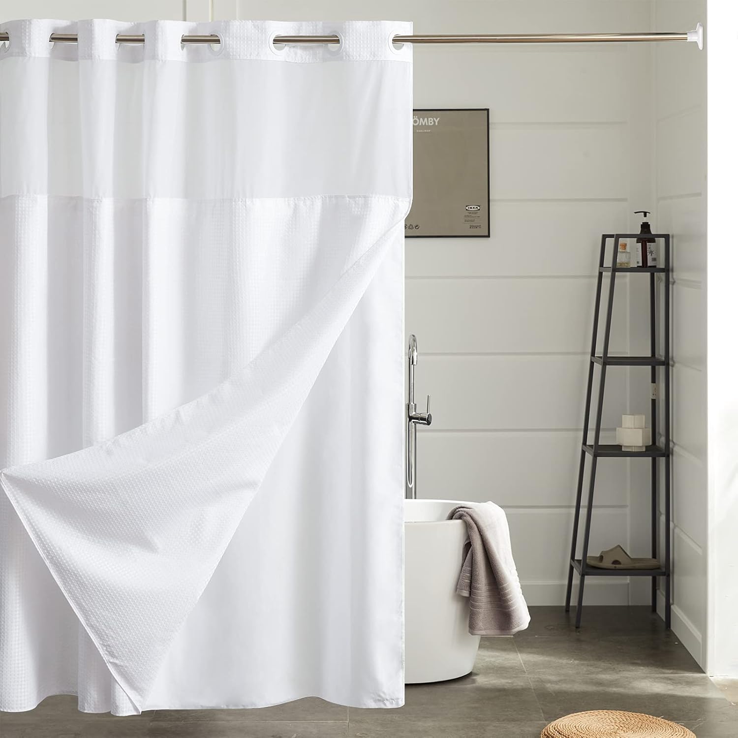 Furlinic Extra Long Waffle Weave No Hook Shower Curtain with Snap in Liner,Heavy Duty Textured Fabric Bathroom Curtains,Hotel Style with Mesh Top Window,Waterproof & Machine Washable,White,71x96. 71"W x 96"L (Pack of 1) White