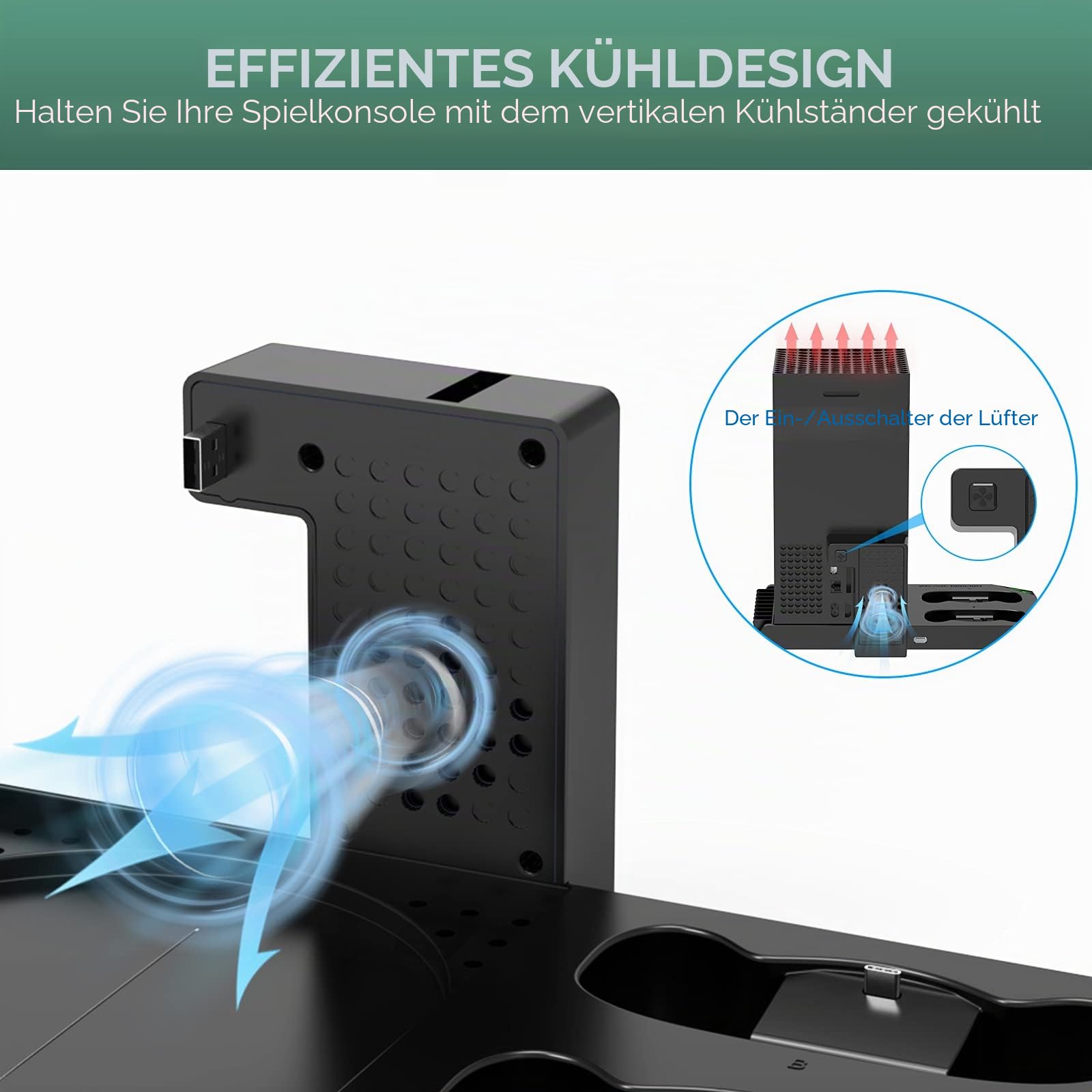 FASTSNAIL Ständer Kompatibel mit Xbox Series X, Lüfter kühler Kompatibel mit Xbox Series X mit wiederaufladbar 2x1400 mAh Akkus, Ladestation, Spiele Discs aufbewahrung und Headset Halterung