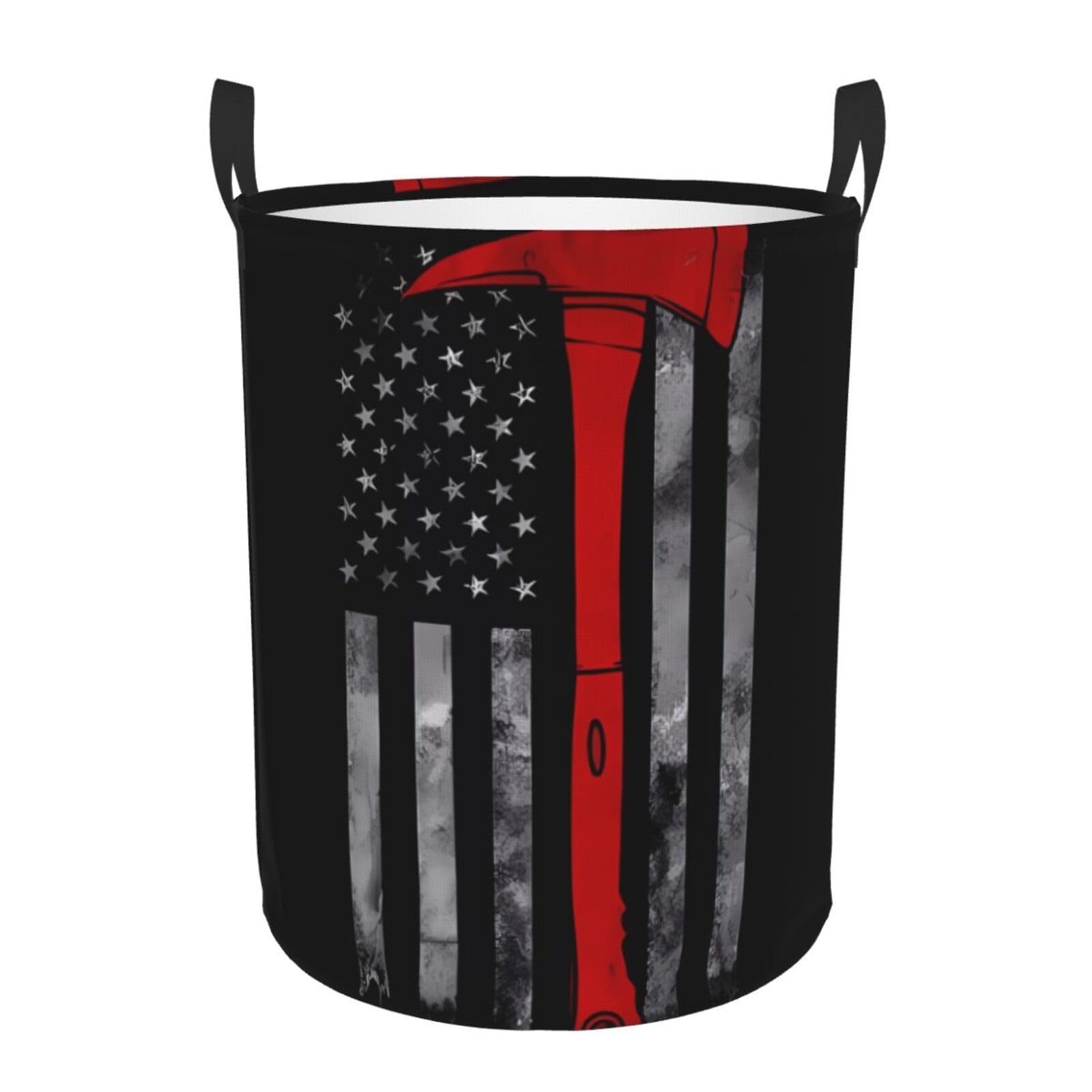 S Collapsible Firefighter Axe Red Line Flag Print Circular Hamper Round