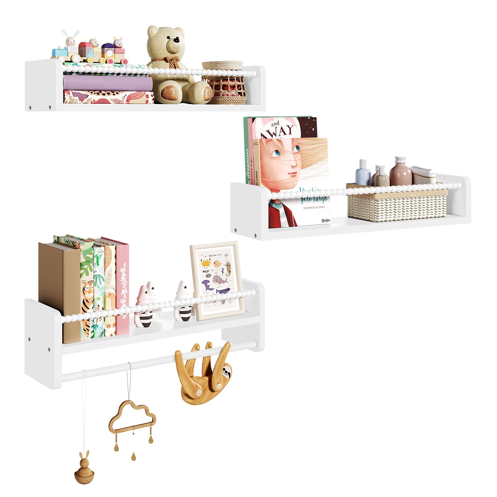 WOLTU 3er Set Kinder Bücherregal Wand, 50cm Wandregal Kinderzimmer, aus Massivholz, Hängeregal Schweberegal Kinderregal, Montessori Regal, für Bücher Spielzeug, Weiß