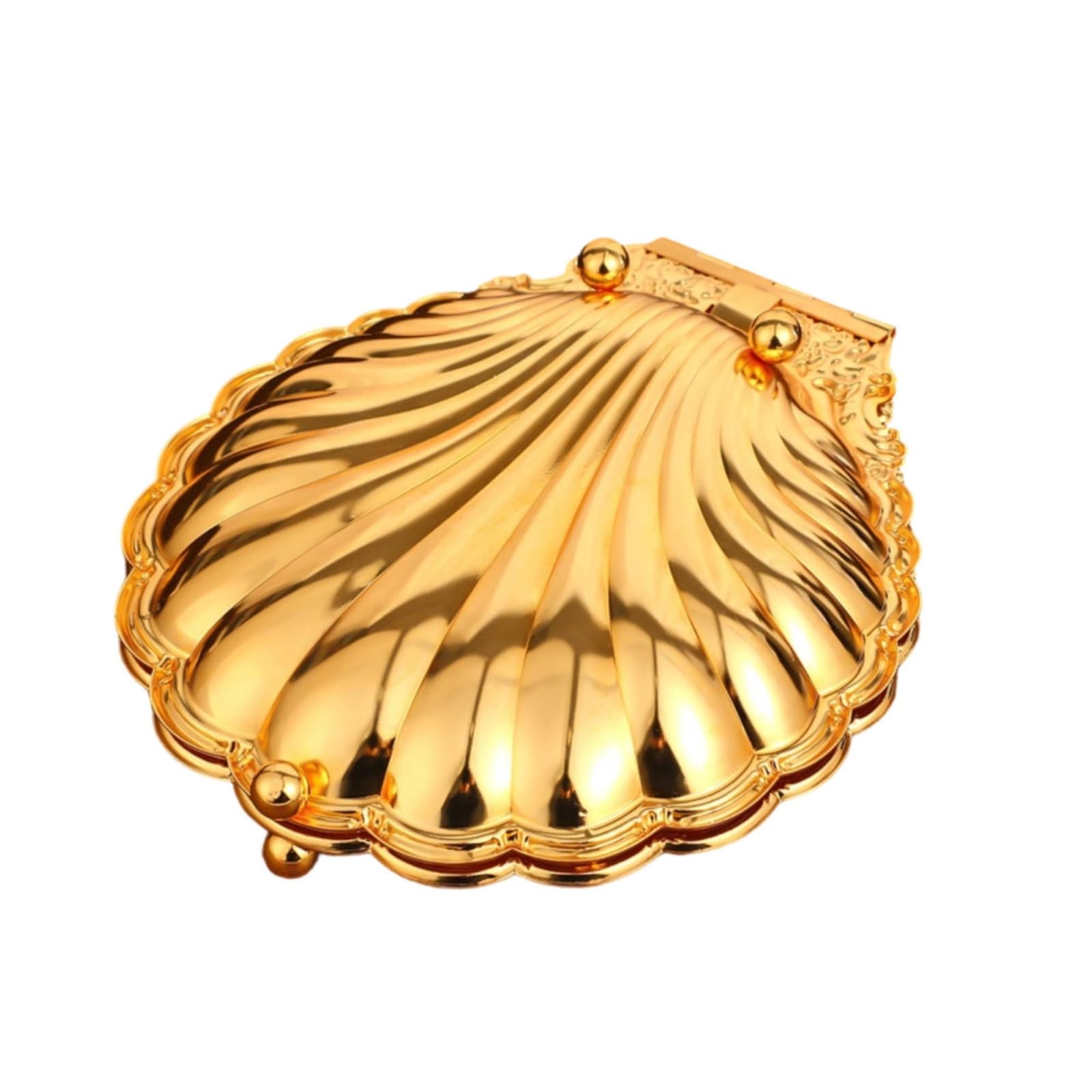 Dekorative Metallschale mit Muscheldesign Und Klappdeckel für Bunte Süßigkeiten Und Knabbereien mit Glänzendem Finish für Wohnzimmer Und Beistelltisch, Gold, Groß – 35 × 31 × 9,5 cm