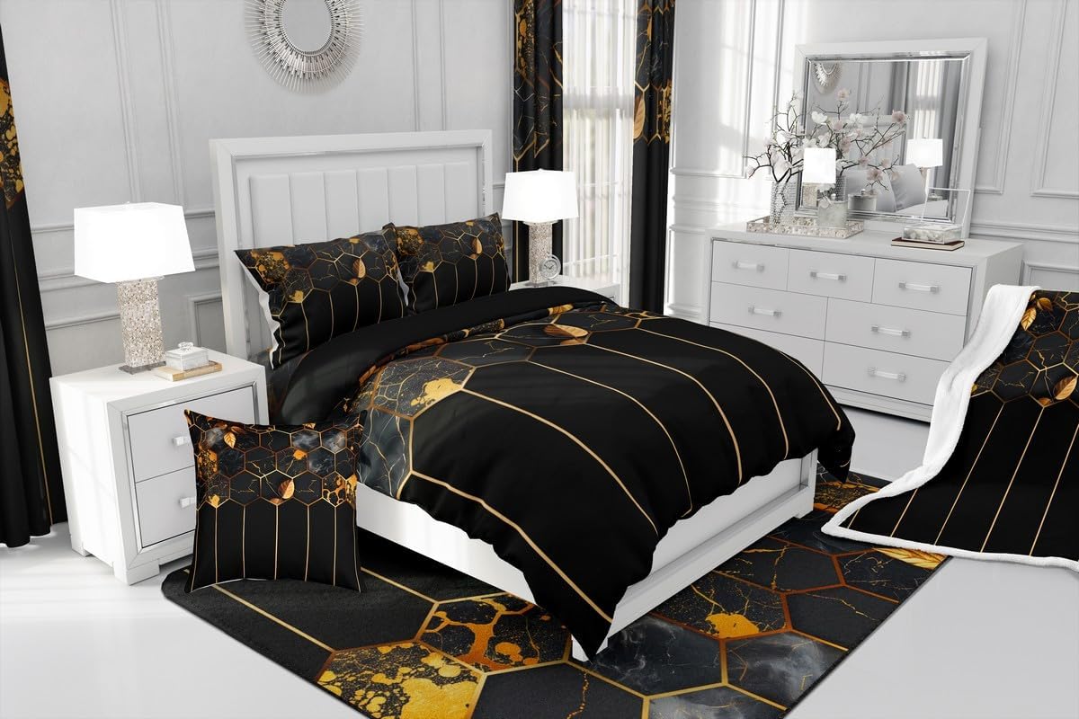 Marble Duvet Cover Queen, Black Grey Geometric Gold Plaid Bedding Set, Modern Luxury Diamond Comforter Cover with Metallic Stripe Printed Beehive Hexagon Grid Quilt Cover with Pillow Shams,Honeycomb