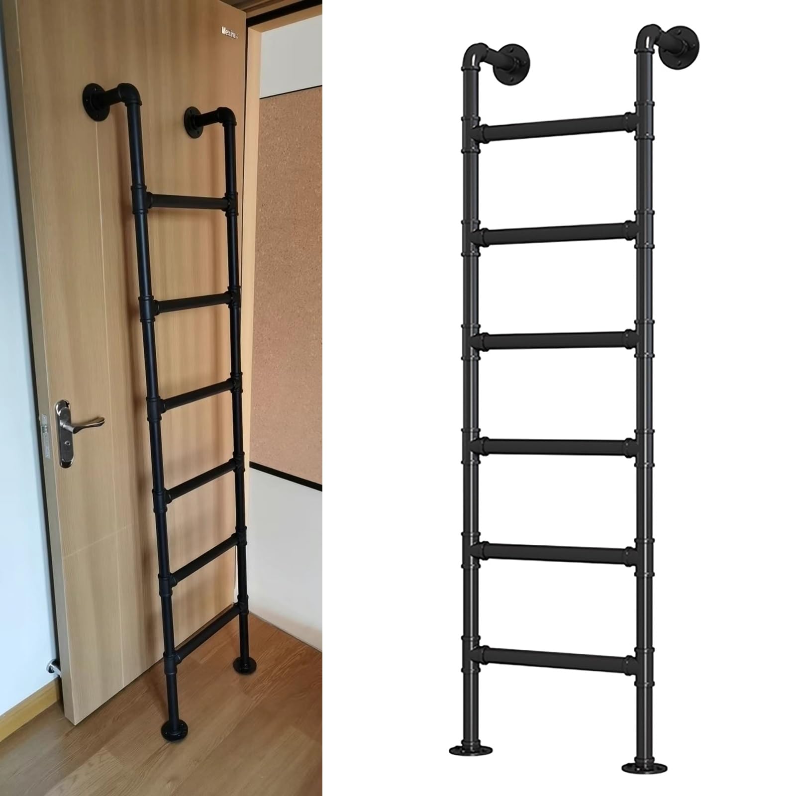 Czarna, 6-stopniowa drabina ścienna do łóżka piętrowego, wytrzymała, metalowa, drabina ewakuacyjna do piwnicy, do domu, na strych, do ewakuacji w razie pożaru (180 cm/70,8 cala)