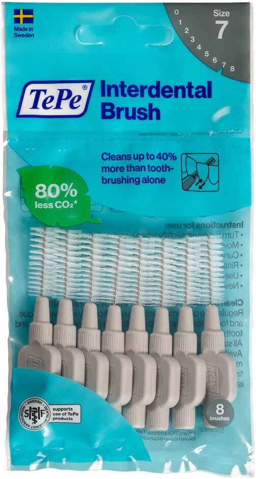 TePe Interdental Brush, Original, Grey, 1.3 mm/ISO 7, 8pcs, plaque removal, efficient clean between the teeth, tooth floss, for narrow gaps