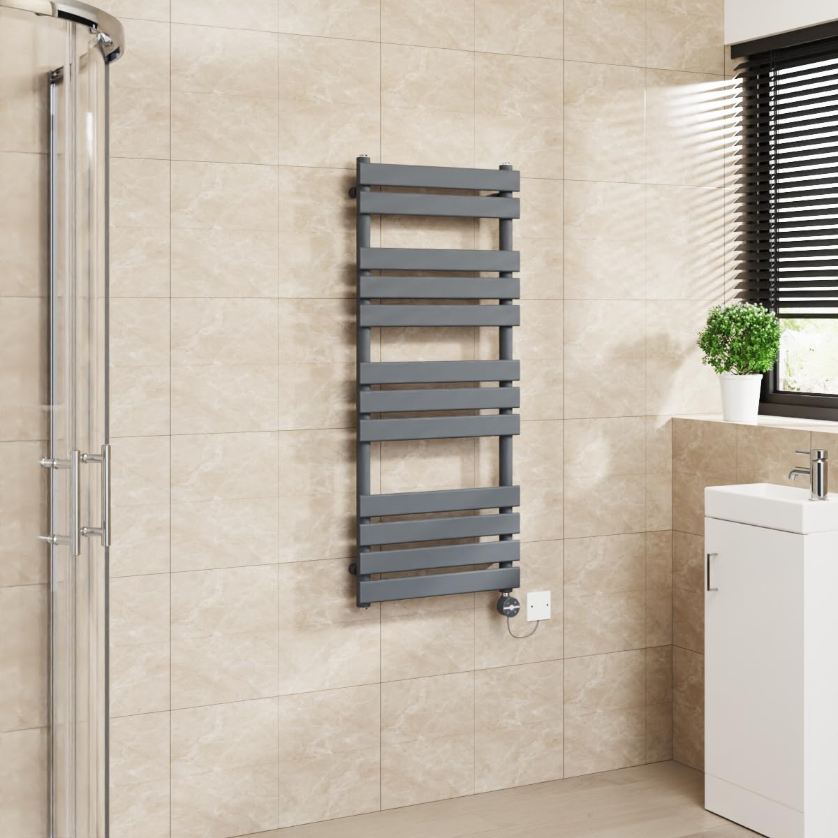 Warmehaus Sand Grey Flat Panel Electric Heated Towel Rail Touch Screen Timer Bathroom Radiator Prefilled 1200X500mm 600W