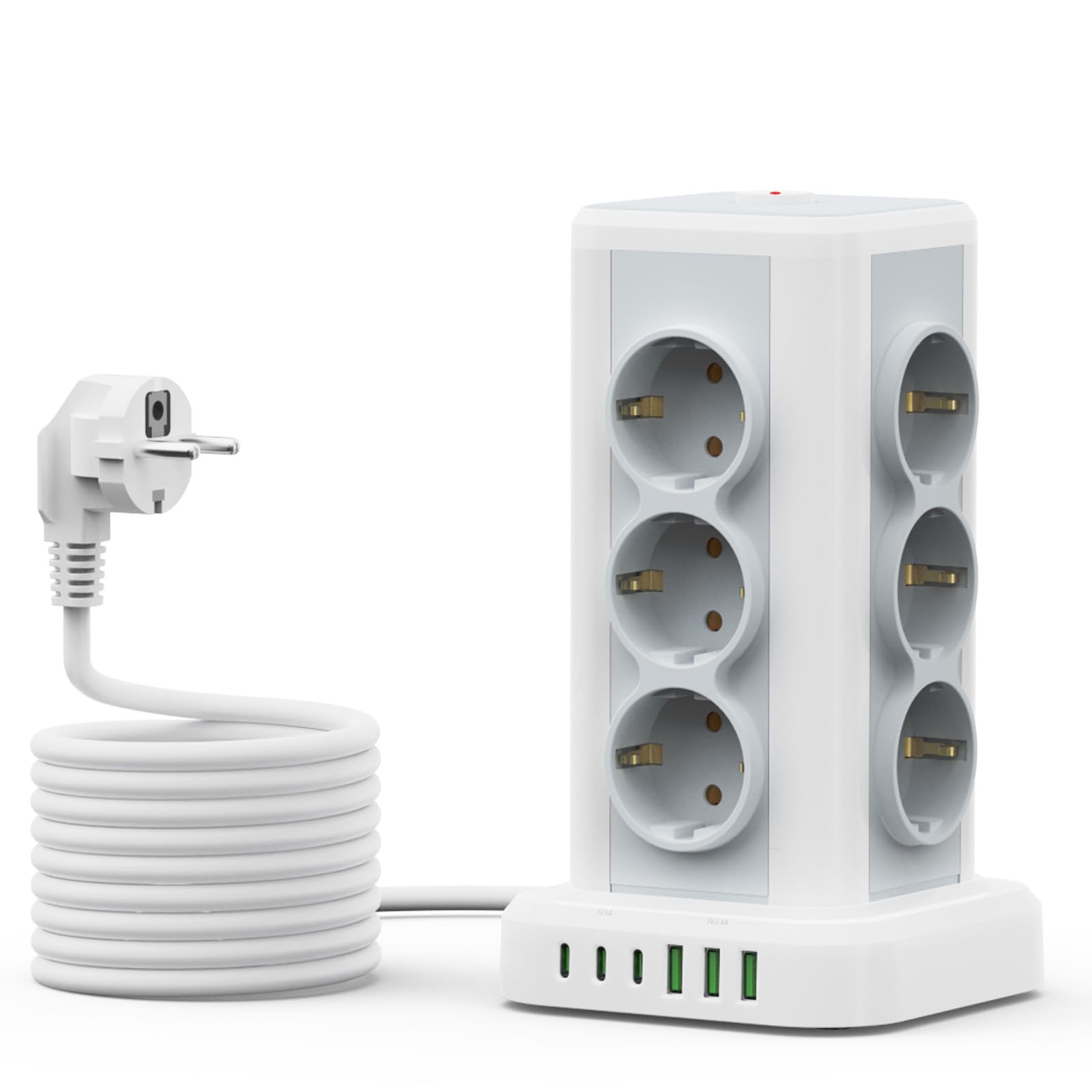 Regleta con USB 12 compartimentos, AOUOO Regleta múltiple con interruptor, 4000 W, 16 A, protección contra sobretensiones, torre de enchufe, cable alargador de 2 m para casa, oficina, cocina, cable de