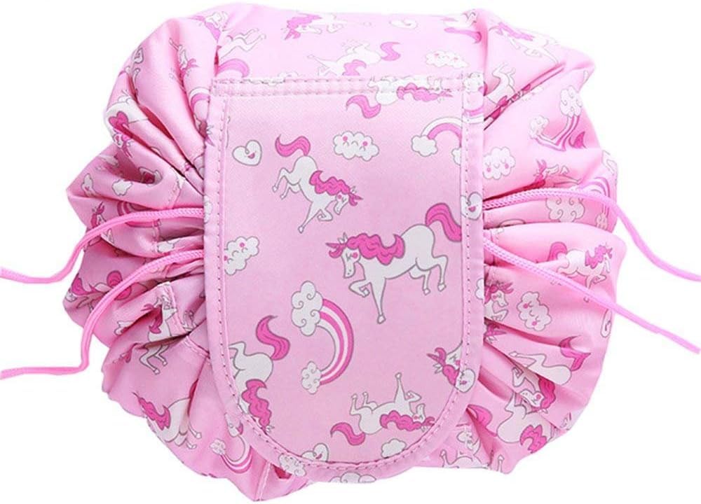Stylish Portable Lazy Cosmetic Bag with Drawstrings | Convenient & Waterproof Makeup Pouch for Girls | Large Capacity Storage Pouches | Toiletry Bags for Women(Pink Unicorn)