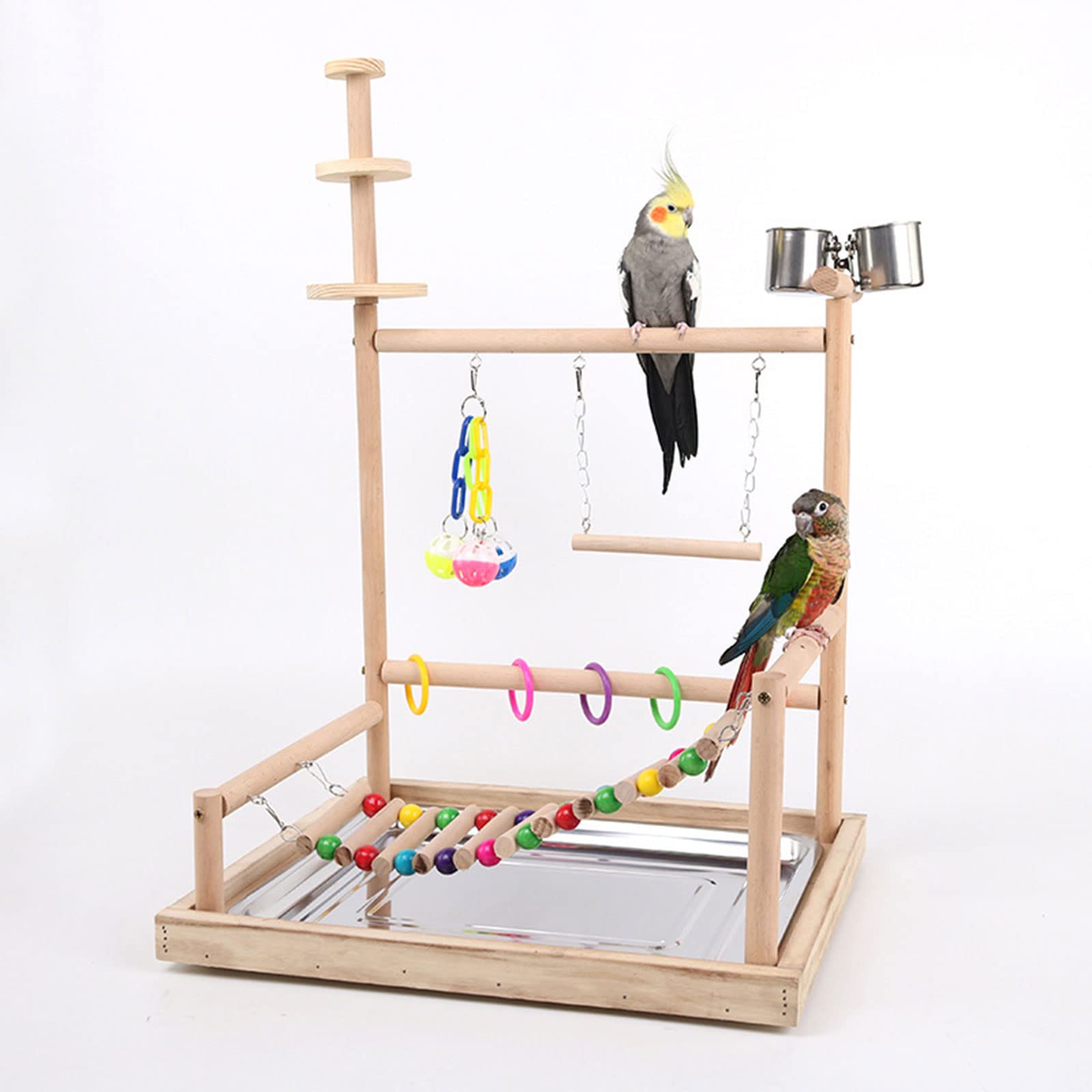 Vogelsitz, Papageien, Spielständer, Nymphensittiche, Spielständer, Spielzeug mit Leiter, Kauspielzeug, Futterbecher, Übung und Spielen für Vögel, Vogelspielplatz, Naturholz Sitzstangenständer mit groß