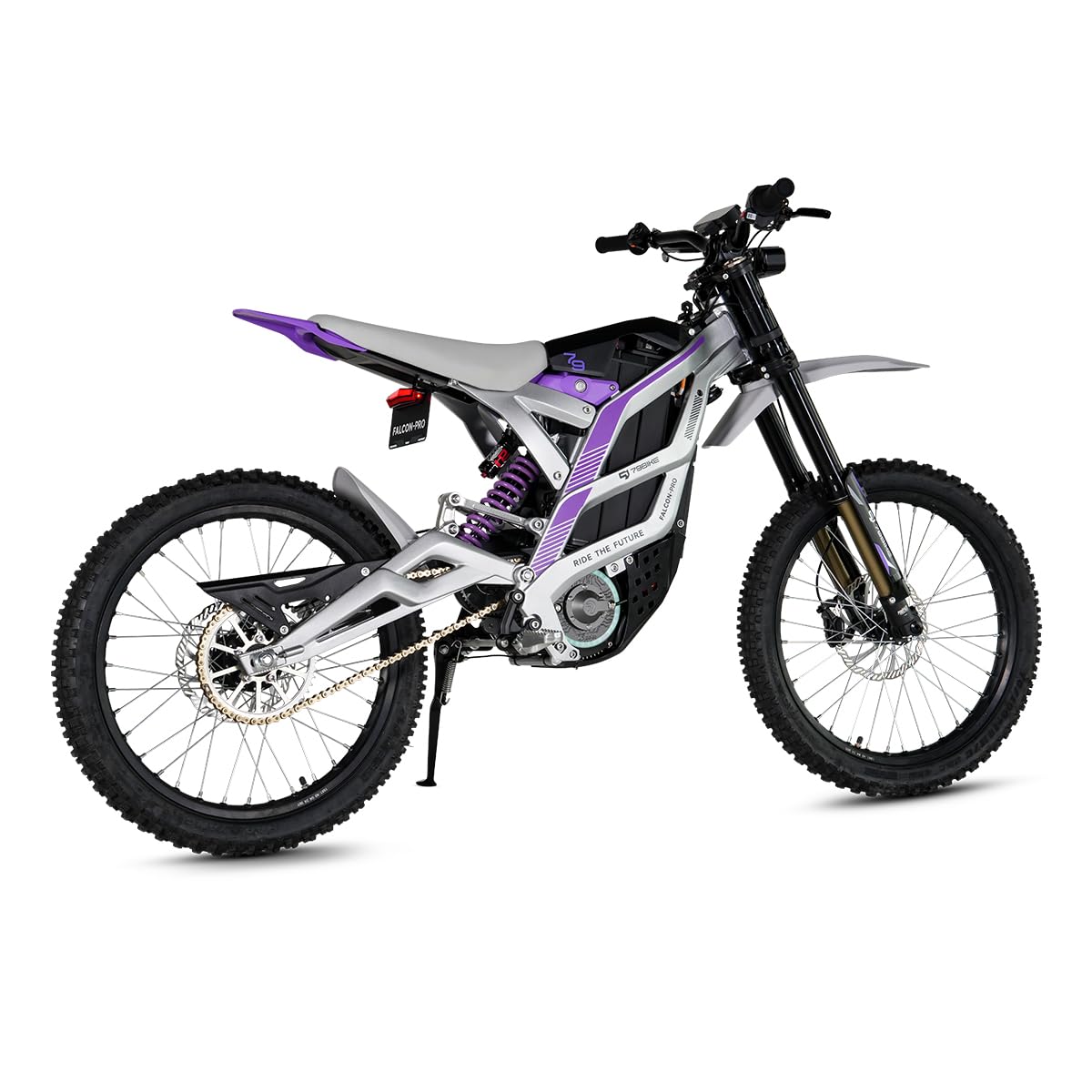 79Bike Falcon Pro Dirt Bike elettrica per adulti, motocicletta elettrica da 19 pollici con batteria al litio da 72 V 35 Ah, autonomia di 125 km, motore 10 kW, bici elettrica da 410 Nm (argento viola)