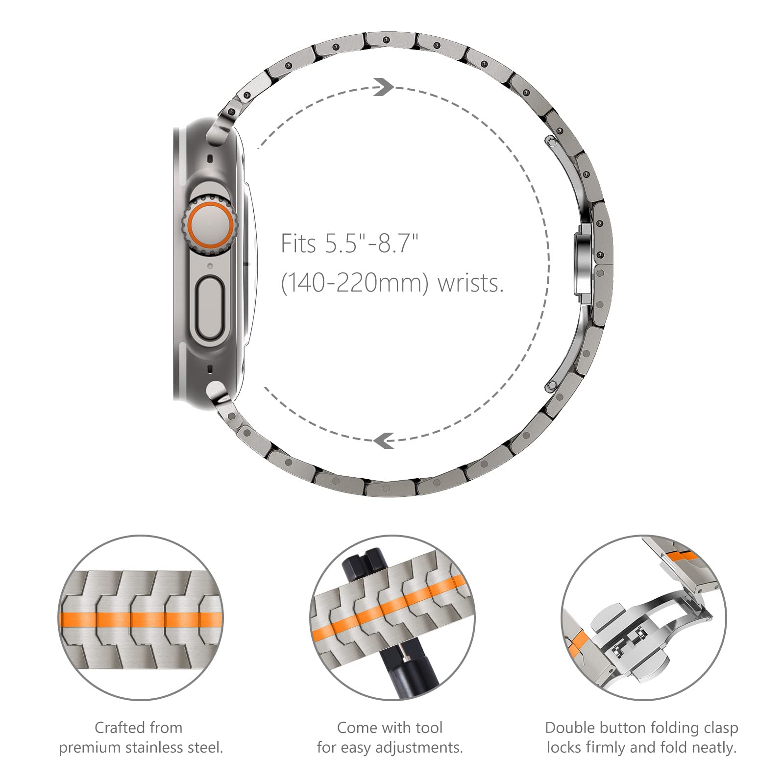 NewWays Metal Strap Compatible with Apple Watch 49mm 46mm 45mm 44mm 42mm(Series 3 2 1),Stainless Steel Straps Repacement Band for iWatch Ultra 3 2 1 Series 11/10/9/8/7/6/5/4/3/2/1/SE,Titanium/Orange - Image 3