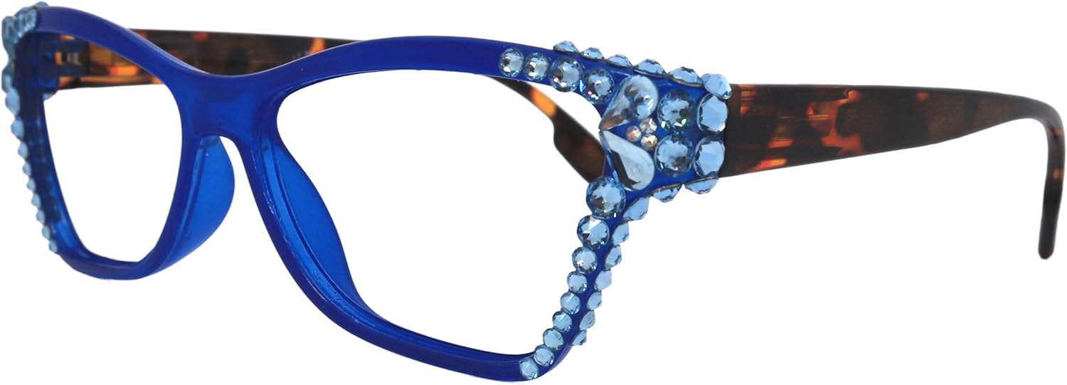NY FIFTH AVENUE Avian, (Bling) Women Reading Glasses w (Sides) (Aquamarine) Genuine Crystals Cat Eye (Blue Leopard)