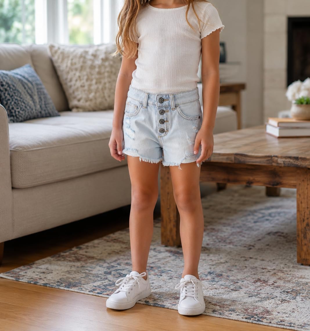 KIDSCOOL SPACE Piccoli Grandi Pantaloncini in Denim per Ragazze, Fascia Elastica Interna, Pantaloni Estivi in Denim con Taglio Alto e Orlo Grezzo