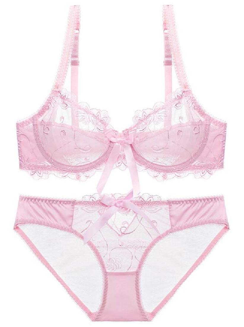GocgtWomen's Sheer See-Through Bra Plus Size Transparent Bras and Panty Set Pink 32D