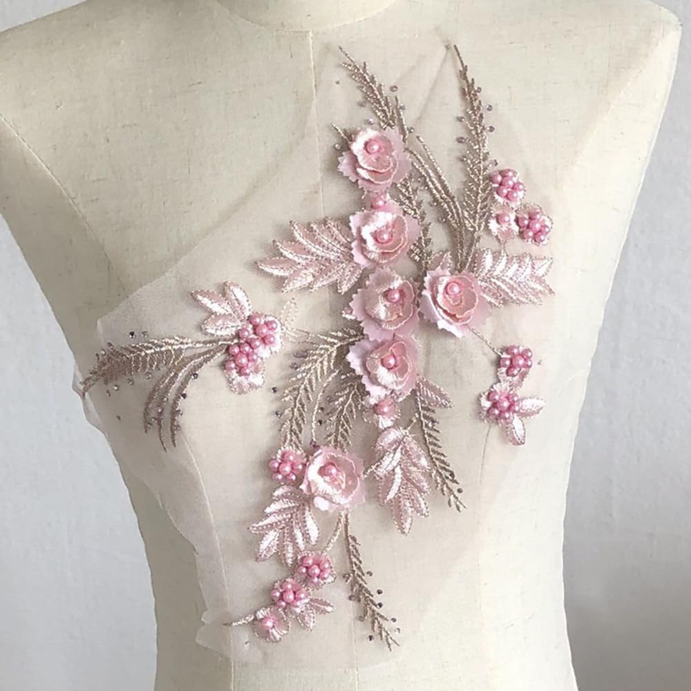 S.A.V.I 3D Floral Applique Patch for Dresses – Embroidered Mesh Lace Fabric (13.3x9.8 in) | DIY Bridal, Ethnic Wear, Lehenga, Saree, Blouse, Gown & Craft Sewing Accessory (Light Pink)-image-19
