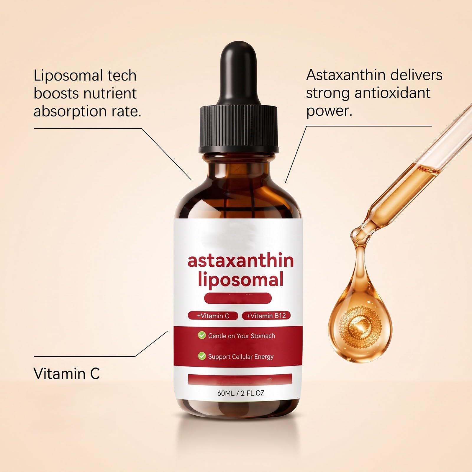 Liposomales Astaxanthin Liquid – Haut- und Augenunterstützung, 2 FL OZ | Frische Mikroalgenquelle – Vitamin C und E – unterstützt das Immunsystem, die Vitalität, gentechnikfrei, glutenfrei, alkoholf