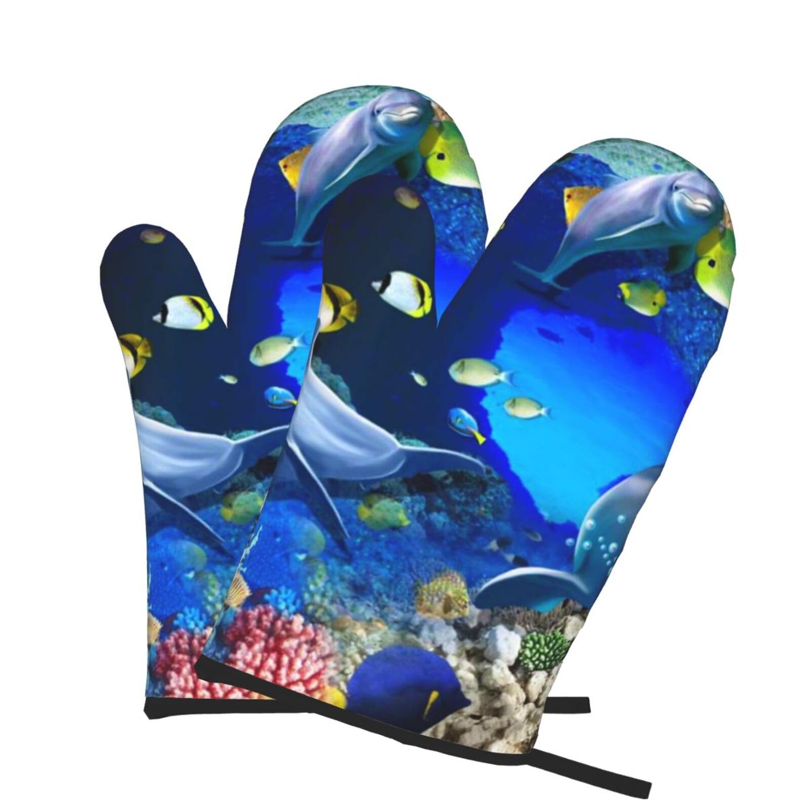 Oven Mitts Set of 2 Pcs, Underwater World Dolphin Prints Heat Resistant Kitchen Gloves for Cooking Baking Grilling