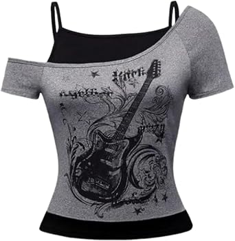 Baby Tee Y2k Women Grunge Top Emo 2000s Vintage Fake Two Piece Short Sleeve T Shirt Crop Tops Teens