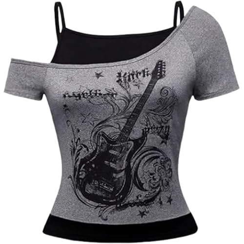 Baby Tee Y2k Women Grunge Top Emo 2000s Vintage Fake Two Piece Short Sleeve T Shirt Crop Tops Teens