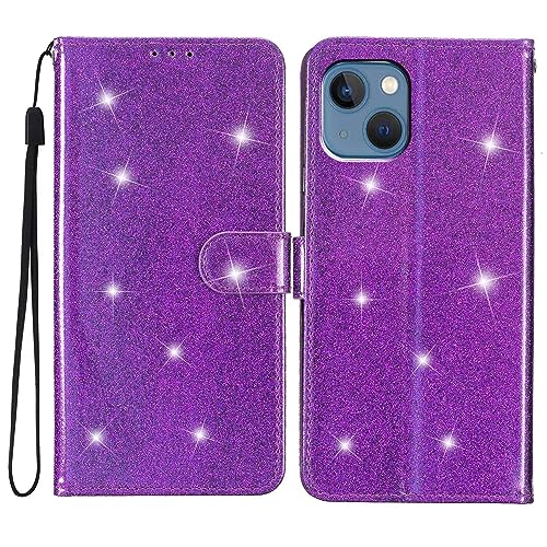 Rnrieyta Miagon Paillettes Custodia per iPhone 14,Glitter Flip PU Custodia Portafoglio con Chiusura Magnetica Supporto e Slot per Schede Case Cover,Viola