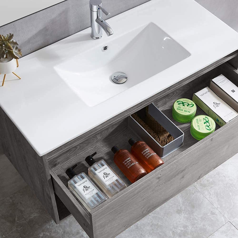 ZIK - Mobile Bagno con Lavabo e Specchio Moderno, Lavandino Bagno con Mobiletto in Legno e Ceramica, Mobile Sospeso con Finiture Eleganti e Cassetto e Vano Salvaspazio (Grigio Rovere 80cm.)