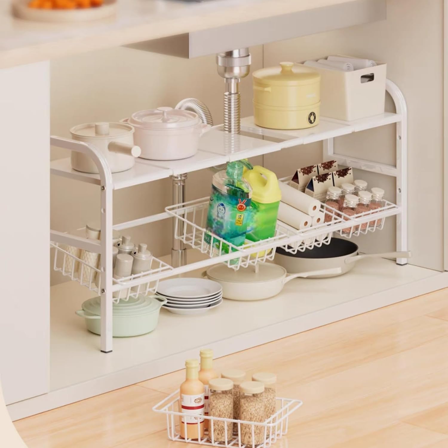 Under Sink Organizer，2 Tier Expandable Heavy Duty Metal Shelf，with 5 Removable Panels and 5 Storage Basket for Under Kitchen Bathroom Sink Organizers and Storage(White, Large) - Image 6