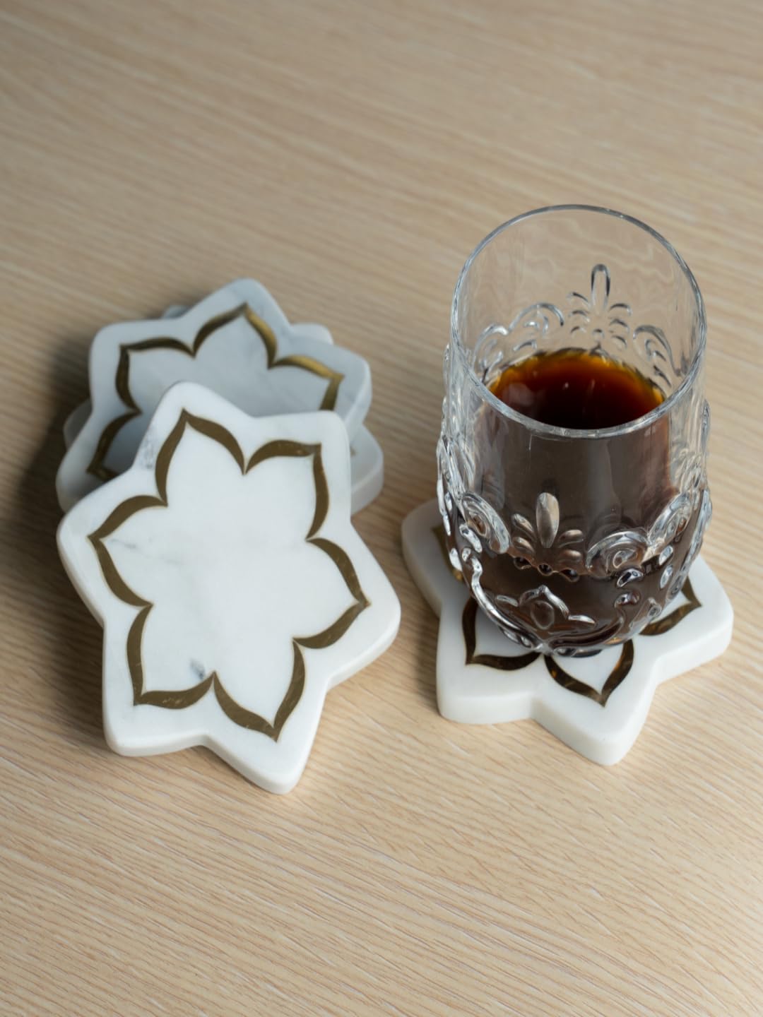 White Marble Star Coasters with Brass Inlay, Set of 4, Handcrafted, 4.25 x 3 Inches-image-32