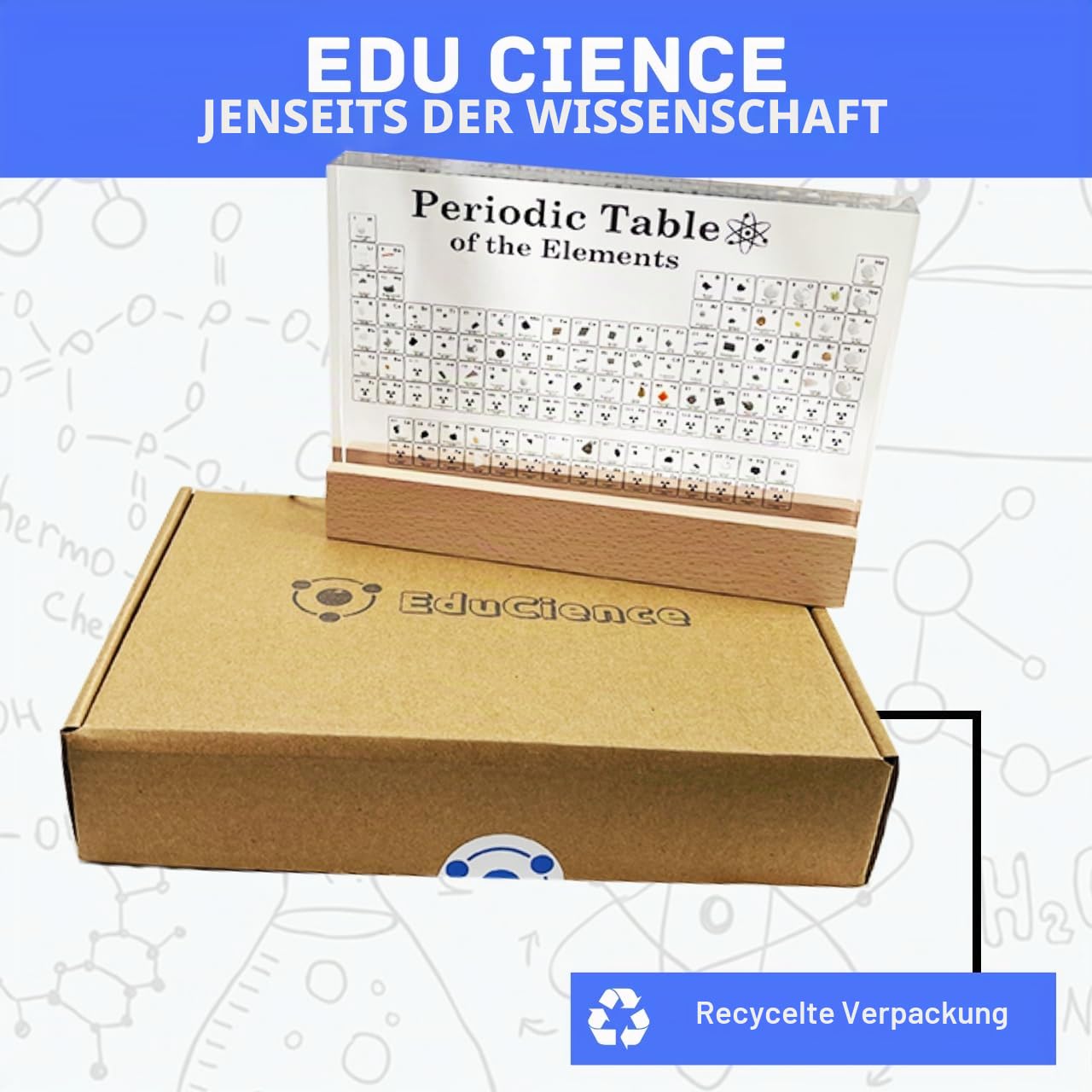 Periodensystem mit echten Elementen, groß (21 x 14 x 2,7 cm), Holzsockel, transparentes Board und Holzständer mit weißem LED-Licht, chemisches Geschenk für Schüler und Lehrer