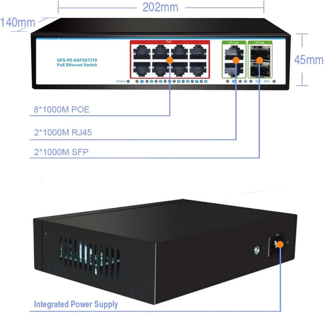 120W 8*giga Poe+2*giga RJ45+2*SFP Fiber Optic Durable PoE+ SFP Poe 48v Gigabit Switch(OFS-PE-GT10)