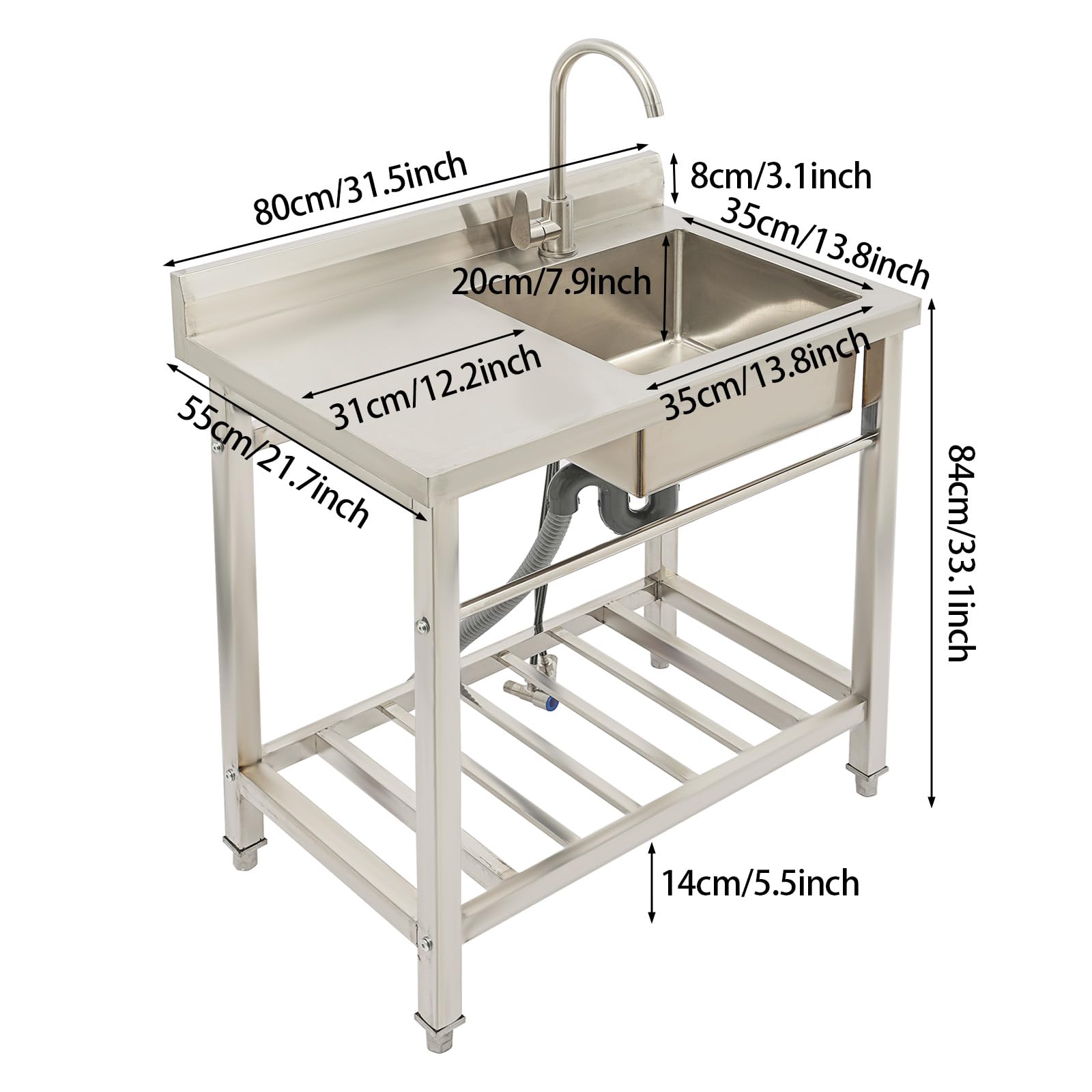 Lavello autoportante con gambe quadrate e una vasca, lavello commerciale con mobiletto, portata fino a 100 kg, incluso rubinetto e connettore per acqua, 80 x 55 x 84 cm