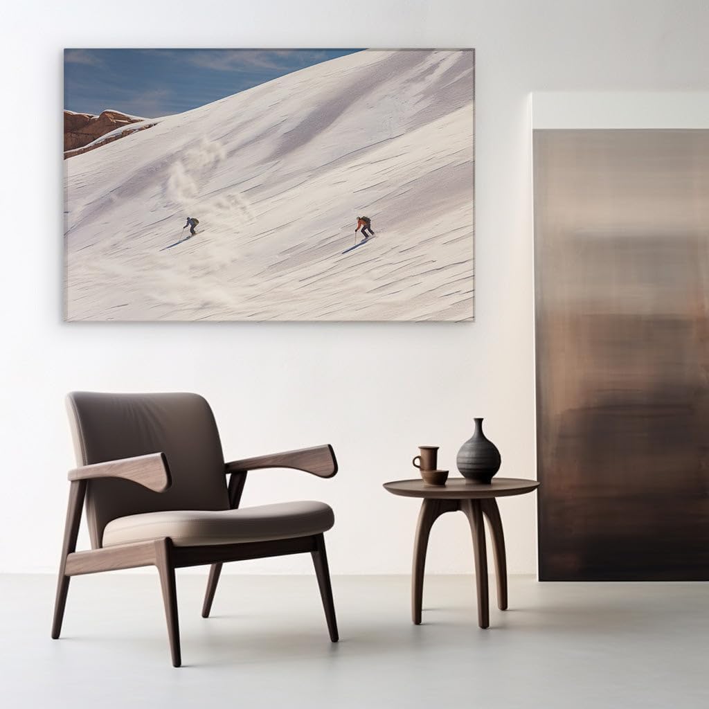 Canvas for Living room. Powder Trails and Scenic Thrills: Skiing Down the Majestic Snowy Slope, 27 x 18 inch Canvas Wall Art - Surrealistic Visions - Modern Home Decor