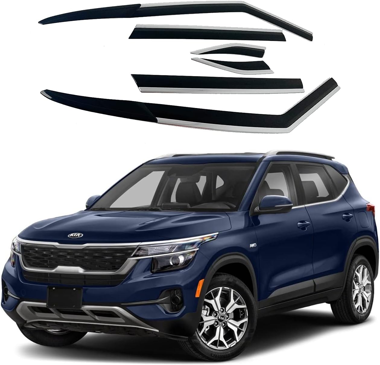 AUTOCLOVER Tape-On Rain Guards Window Visors 6 Pcs Set for Kia Seltos 2021 2022 2023 2024 2025/ Window Deflectors, Out-Channel Vent Shades (Chrome Line Black)