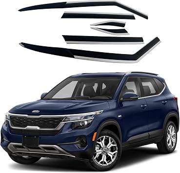 AUTOCLOVER Tape-On Rain Guards Window Visors 6 Pcs Set for Kia Seltos 2021 2022 2023 2024 2025/ Window Deflectors, Out-Channel Vent Shades Chrome Line Black
