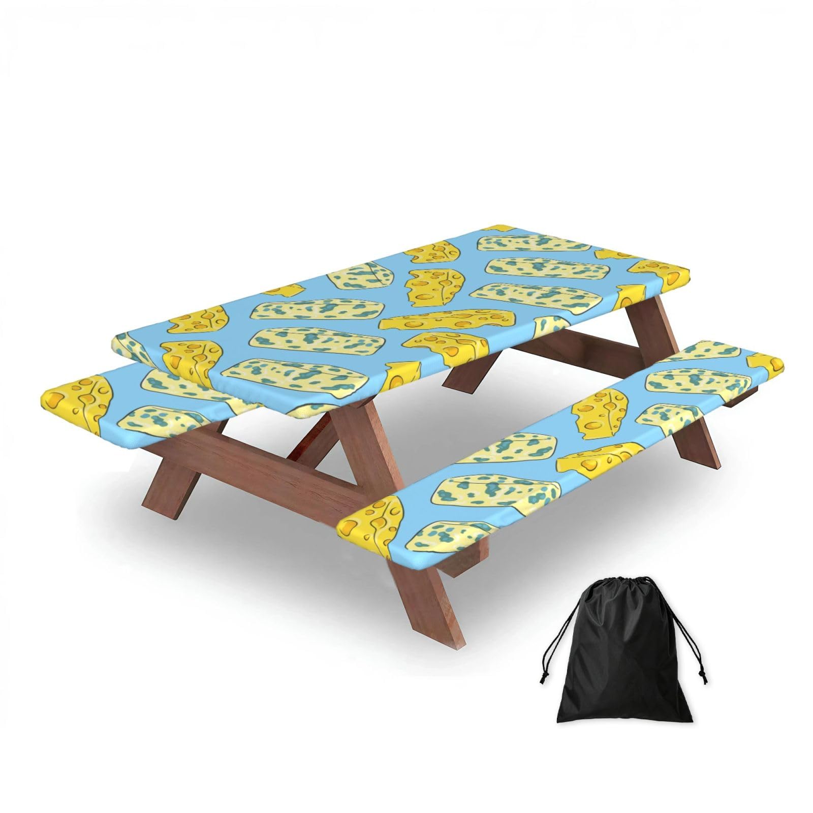 Dopklna As Picture Cheese And Blue Cheese, Picnic Table Cover With Bench Covers -Waterproof Elastic Fitted Tablecloth For Garden Camping Patio 76X152cm