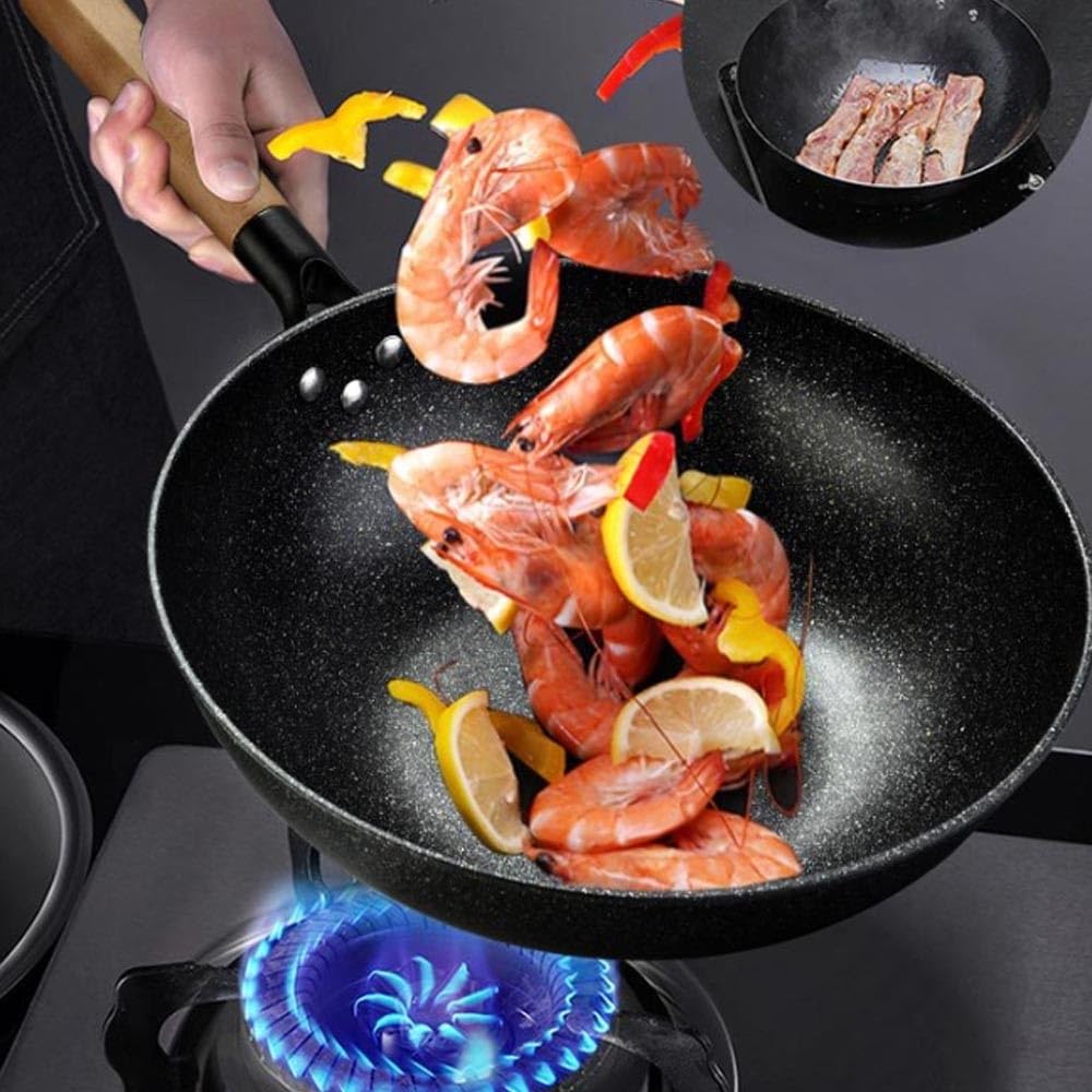 Woks und Pfannen zum Braten, antihaftbeschichteter Wok und Pfanne mit Deckel, 32 cm (12,6 Zoll) kratzfester Wok aus feinem Eisen, runder chinesischer Wok ohne Chemikalienbeschic,