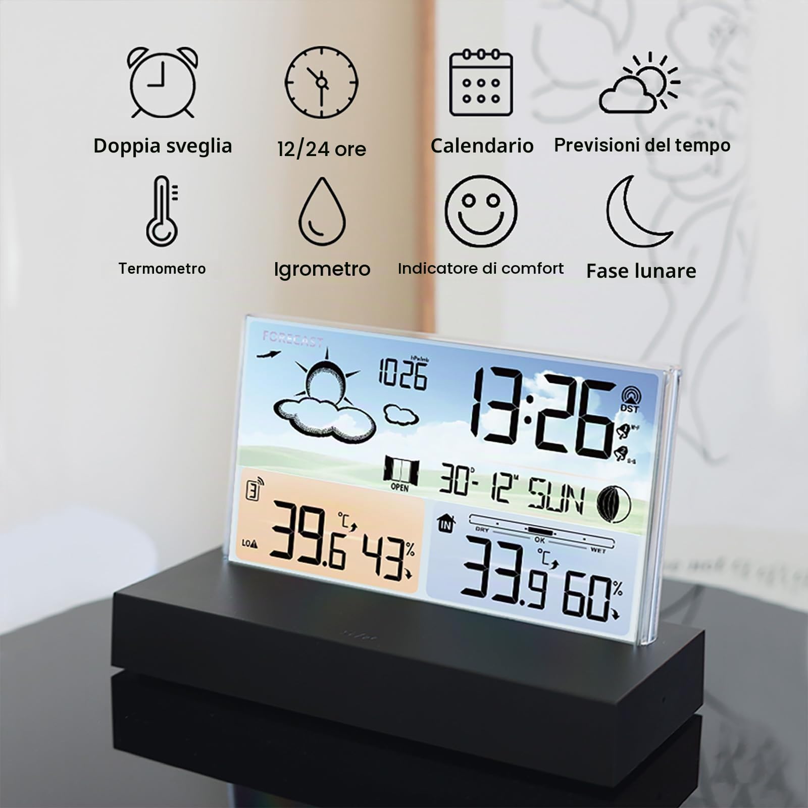 Stazione Meteorologica con Sensore Wireless Esterno, Stazione Meteorologica Digitale con Display LCD Wireless con Doppia Sveglia/Data/Temperatura/Umidità/Avviso/Barometrico/Previsioni Meteo Per Casa