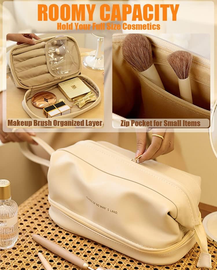 Miniatura 4 de Bolsa de maquillaje grande para mujer, bolsa de cosméticos de viaje de piel sintética, bolsa de brochas de maquillaje de doble capa, bolsa de