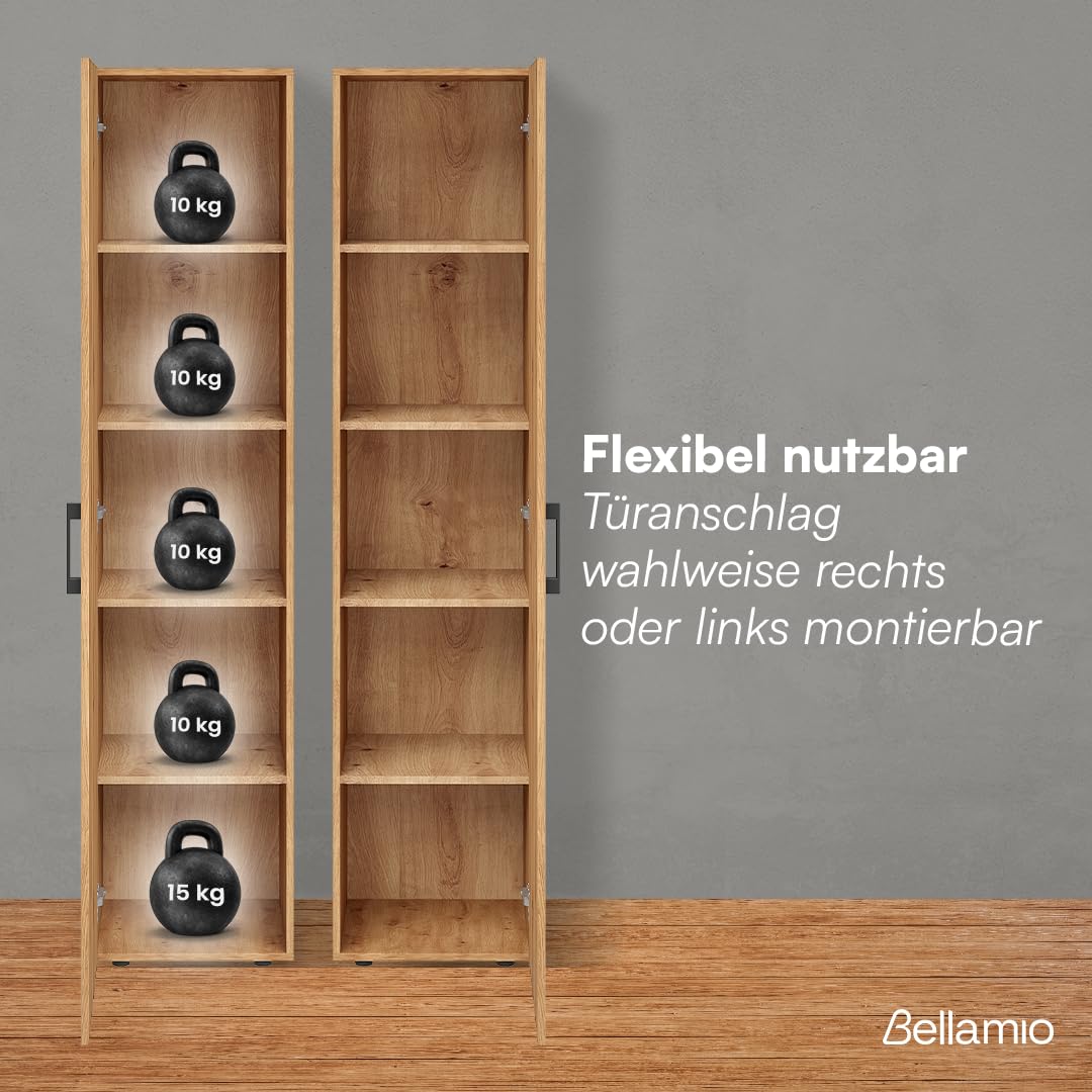 Bellamio Apol Aktenschrank 40 cm, mit 5 Fächern, Eichenoptik aus Holz | Mehrzweckschrank breit, Hochschrank schmal, Aufbewahrungsschrank & beidseitig montierbare Tür, Büroschrank, Flurschrank